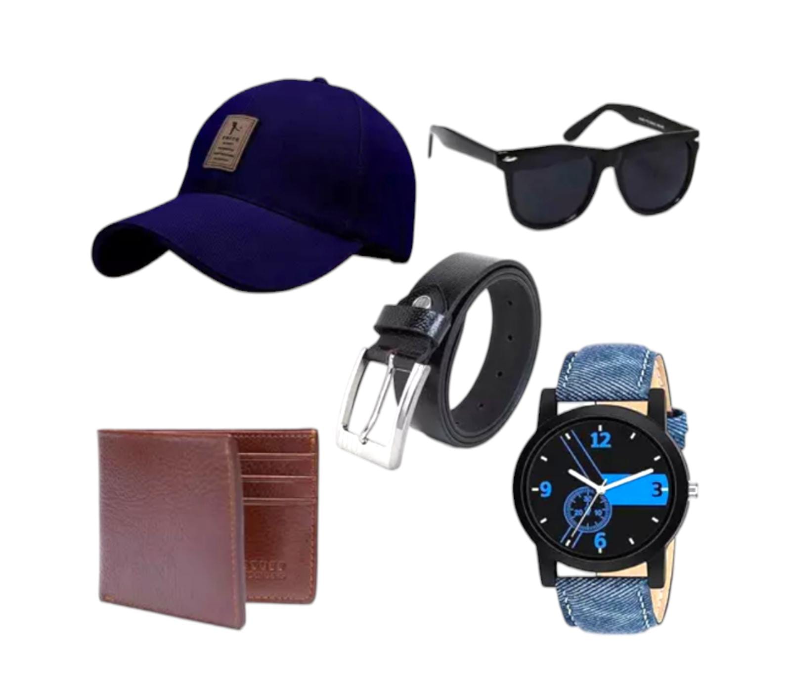 Printed Solid Self Design Men BASEBALL CAP WITH Sunglass Belt  Wallet  Watch COMBO OF Five  for Mens 